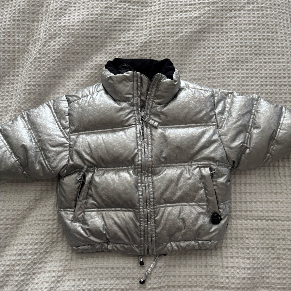 Metallic silver Obermeyer winter puffer coat